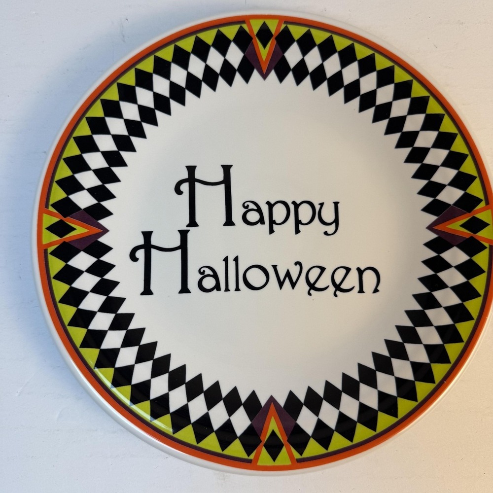 Fiesta Harlequin Happy Halloween 9" Luncheon Plate White Black Poppy Fiestaware